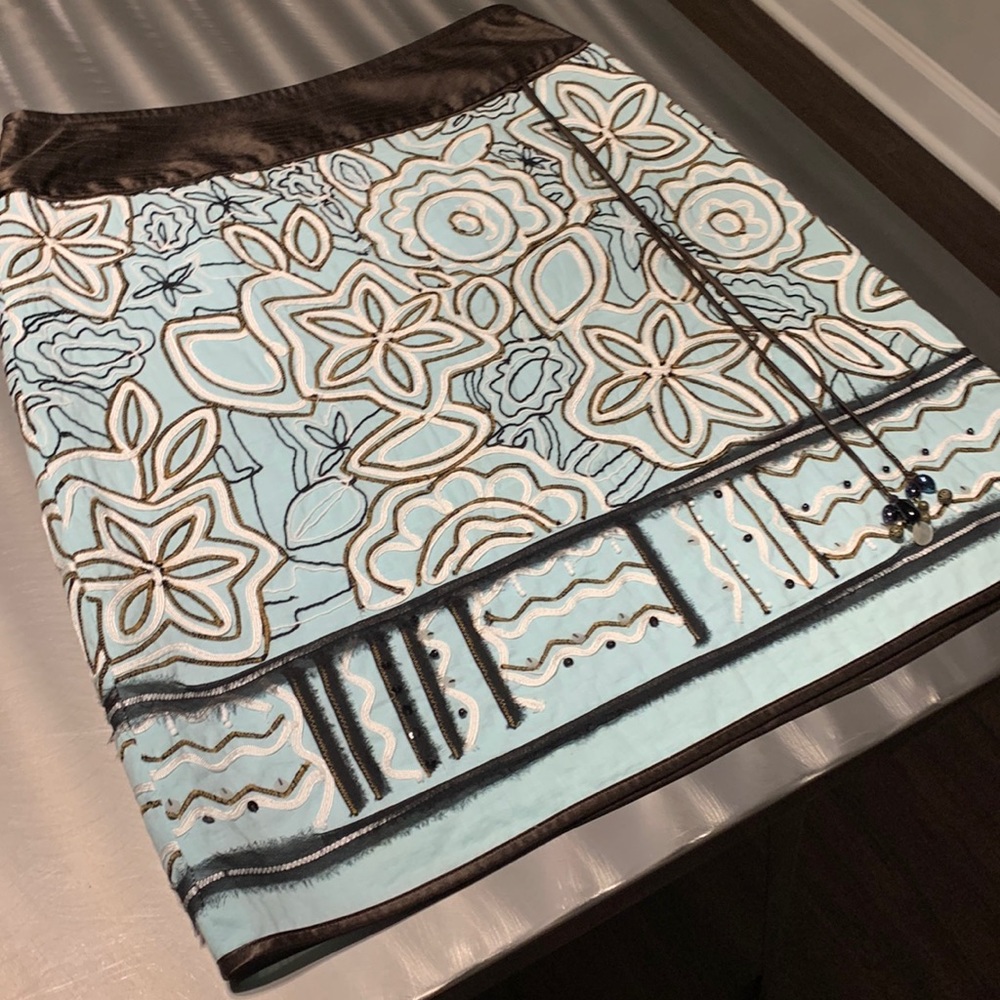 Etcetera Aqua & Brown Appliqué Skirt Size 4